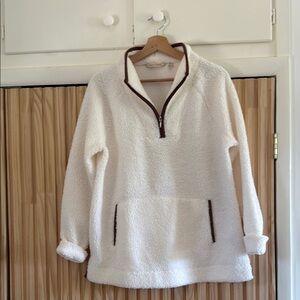 Cozy White Sherpa Pullover with Brown Trim